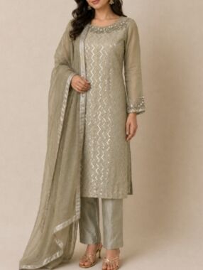 Designer Light Green Silver Embellished 3pc Kameez Top Pants Shawl S M